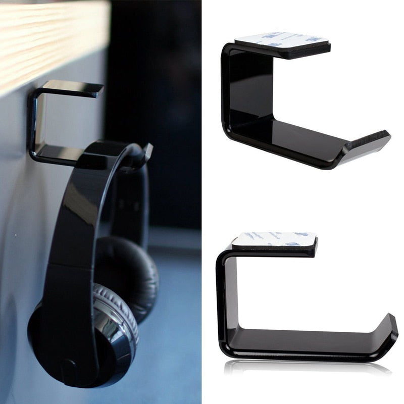 Black Adhesive Desktop Mount Headphone Holder/Hanger/Hook With 2 Stickers Headset Shelf Rack